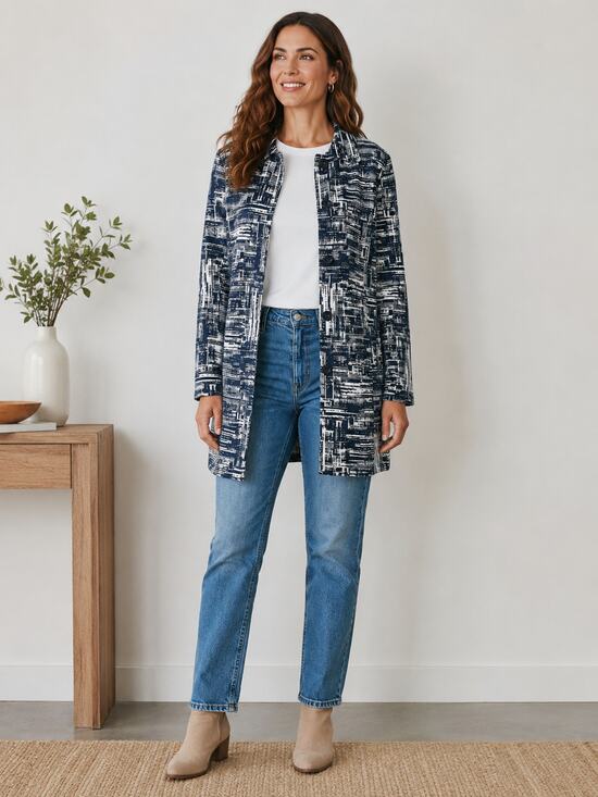 Coldwater Creek Jackets & Blazers - Coldwater Creek Abstract Print Rain Trench Jacket Womens Size XL 16 Navy Pockets